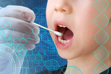 doctor takes a cotton bud from child’s mouth to analyze the saliva, mucous membrane for DNA...