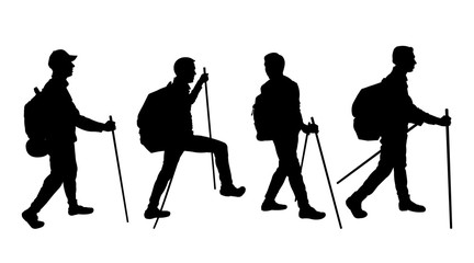 Black silhouette of four men with backpacks and travel sticks in a row, Teamwork. Tourists, travelers, climbers, adventurers, hiking. Mountain trip.