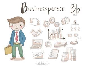 Vector character - Businessman with different business icons around isolated on light background. Cute vector alphabet. Letter B - business person