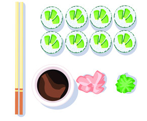 sushi japanese food with ginger wasabi and chopsticks asia rice raw fish sea food icon isolated on white background 