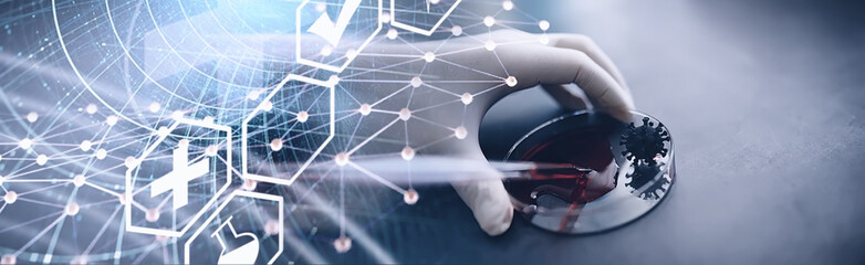Test tube with patient blood for testing. Analysis for the virus. Coronavirus pandemic laboratory studies. Vaccine development.