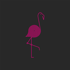 Flamingo logo monogram of pink thin lines, silhouette of a bird standing on one leg, creative linear emblem.
