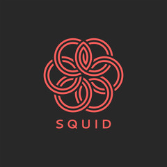 Squid logo or octopus monogram, overlay of weaving coral thin lines and round geometric shapes, emblem for seafood restaurant menu or fashion print for t-shirt.