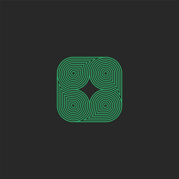 Four green leaves logo monogram square shape, linear parallel lines plant leaf emblem