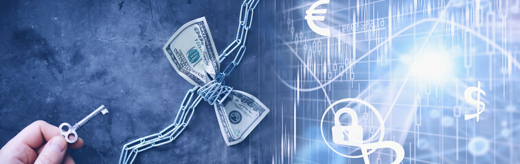 Business concept. The depreciation of the national currency. Hundred dollar bill. Inflation and stagnation. Tighten the hundred dollar bill with a measuring chain.