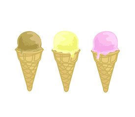 three ice cream strawberry chocolate and vanilla cornet scoop sweet sugar summer symbol cold snack isolated on white background