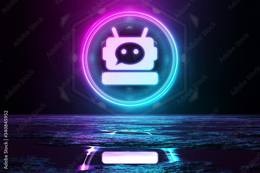 Poster digital chatbot holographic icon illuminating the floor with blue and pink neon light 3d rendering
