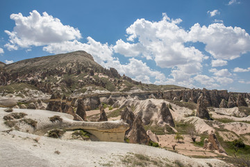 mountain landscape with blue sky, Cappadocia, Turkey.