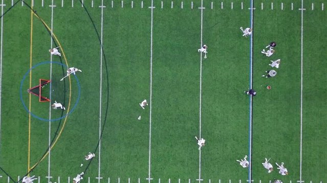 Aerial, top down, drone shot descending above a Lacrosse game, in New England, USA