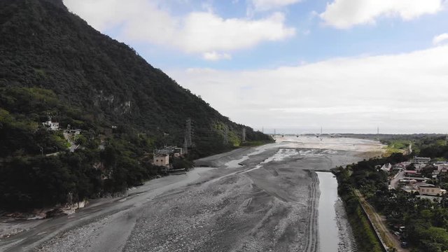 Drone aerial shot of Liwu River with a view of Taroko Bridge, Taroko Gorge National Park, Xiulin Township, Hualien County, Taiwan.