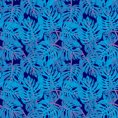 Beautiful seamless floral summer pattern background with tropical palm leaves.