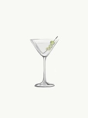 A hand drawn illustration of a dirty martini served with three olives in a traditional style glass. 