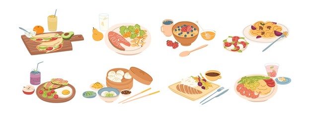 Set of different breakfast, lunch and dinner isolated on white background. Collection of cartoon appetizing fresh food and drink vector graphic illustration. Tasty colorful serving dish