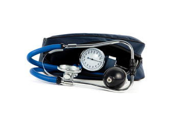 blood pressure monitor and phonendoscope isolated on white background