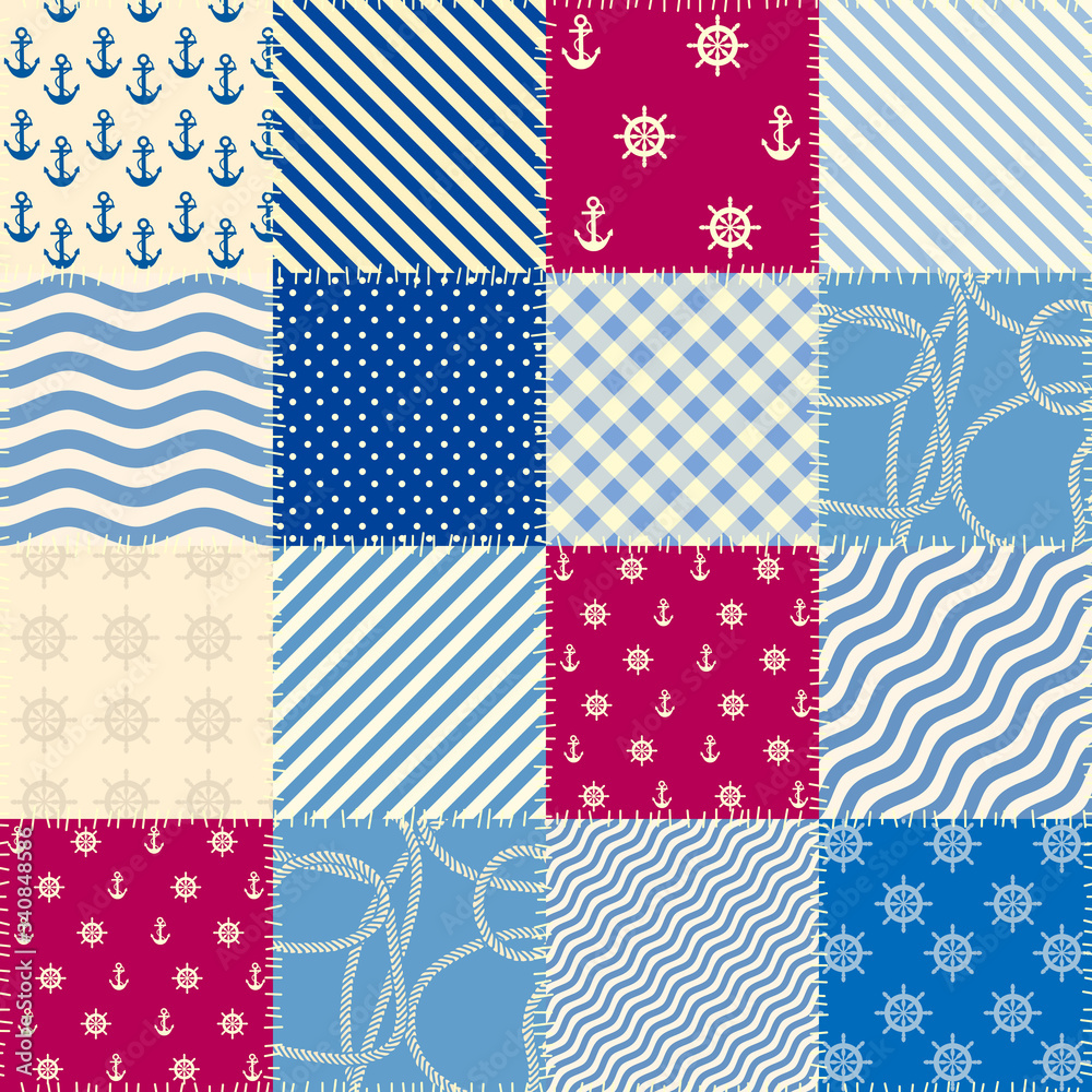 Poster Patchwork seamless pattern in marine style.