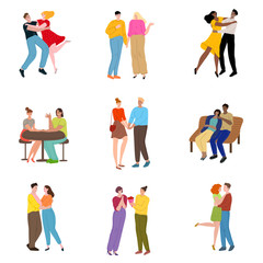 Set of couples and friends meeting in different places vector illustration