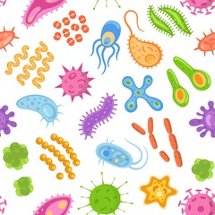 Seamless pattern with color cartoon bacteria, viruses and germs . Microorganism cells repeating background for textil design, wrapping papper, wallpapper.