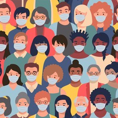 Seamless pattern with people faces in protective masks of different ethnicity and ages. Concept of coronavirus quarantine, air pollution protection repeating background.