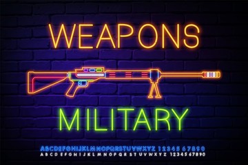 Glowing neon icons.Icons for a war game, automatic weapons isolated from a brick wall. Sign up for e-sports and online games.Bright neon color windscreen illustration with neon text