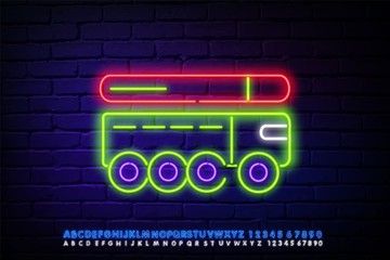 Truck transport line icon. Neon laser lights. Transportation vehicle sign. Delivery logistics symbol. Glow laser speech bubble. Neon lights chat bubble. Banner badge with truck delivery icon. Vector