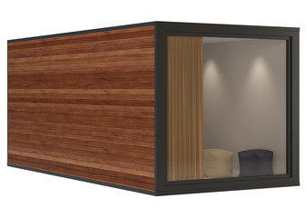 House container with a panoramic window and wooden walls on a white background. Clipping path included. 3D rendering.