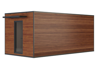 House container with a panoramic window and wooden walls on a white background. Clipping path included. 3D rendering.