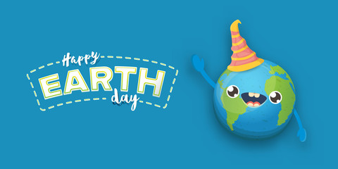 Naklejka premium Cartoon earth day horizontal banner with cute smiling earth planet character with funny hat isolated on blue sky background. Eath day concept horizontal design template with funny kawaii earth globe