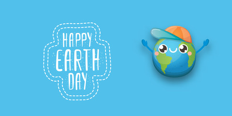 Cartoon earth day horizontal banner with cute smiling earth planet character with funny hat isolated on blue sky background. Eath day concept horizontal design template with funny kawaii earth globe