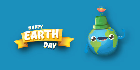 Cartoon earth day horizontal banner with cute smiling earth planet character with funny hat isolated on blue sky background. Eath day concept horizontal design template with funny kawaii earth globe