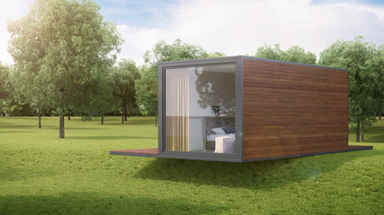 House from a construction transport container sheathed by boards against the background of nature. 3D rendering. - 340852751