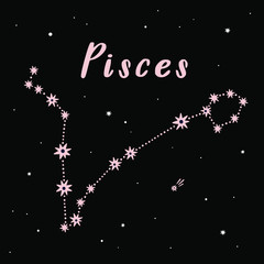 Vector illustration of Pisces zodiac sign on a black starry background.