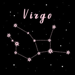 Vector illustration of Virgo zodiac sign on a black starry background.