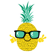 Pineapple in sunglasses. Cartoon summer character. Vector illustration on white.