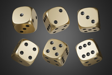 Set of golden dice isolated on black background. 3d rendering - illustration.