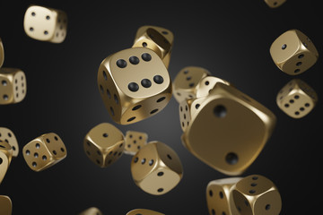 Set of golden dice isolated on black background. 3d rendering - illustration.