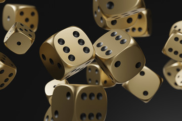 Set of golden dice isolated on black background. 3d rendering - illustration.