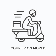 Courier on moped line icon. Vector outline illustration of express delivery. Scooter pizza guy pictorgam