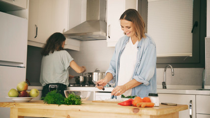 Two young beautiful women girlfriends lesbian couple cook at home in the kitchen cuddling and laughing merrily, home activism, cooking, recipes, staying at home.