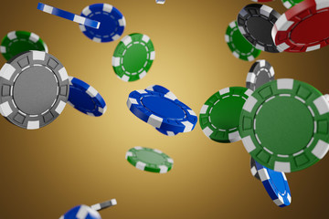 Casino chips falling. Golden background. 3d rendering - illustration.