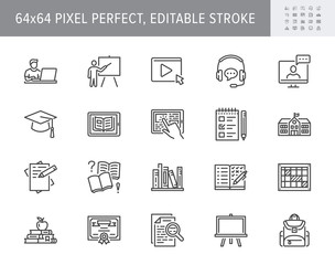 Online education line icons. Vector illustration included icon as internet, video, audio personal study outline pictogram for school, colledge, university trainig. 64x64 Pixel Perfect Editable Stroke