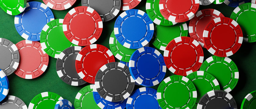 Casino chips on green table. 3d rendering - illustration.