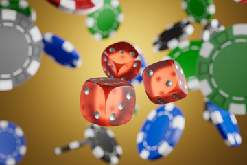 Casino chips falling and dice. Golden background. 3d rendering - illustration.