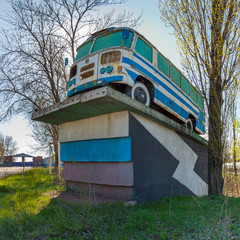 Monument of old soviet bus PAZ-672M of the Pavlovo Bus Factory. Gukovo, Rostov-on-Don region /...
