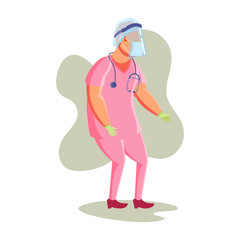 Flat Character Illustration Representing Male Nurse Wearing Pink Uniform, Head Cover, Face Shield, and Mask