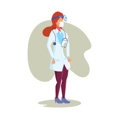 Flat Character Illustration Representing Female Doctor Wearing White Coat or Suit, Head Mirror, Stethoscope, and Face Mask