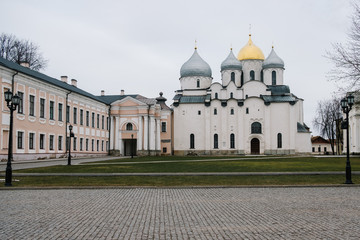 Fototapeta na wymiar Main yard of the Veliky Novgorod kremlin, St Sophia cathedral. Russia