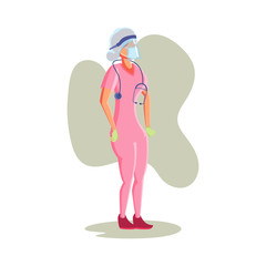 Fototapeta na wymiar Flat Character Illustration Representing Female Nurse Wearing Pink Uniform, Head Cover, Face Shield, and Mask