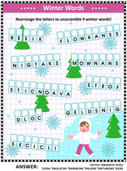 Word game: Rearrange the letters to unscramble 9 winter words! Answer included.
 - obrazy, fototapety, plakaty