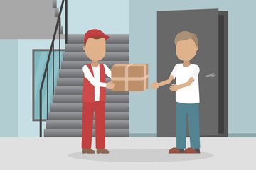 Courier deliver package to man near his door. Vector illustration.