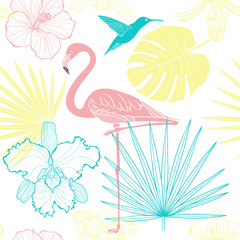 Seamless pattern with tropical elements on white. Summer cartoon background. Vector illustration.
